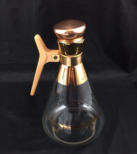 Caraffa caffettiera vintage Pyrex Imperatrice vetro righe oro rame coperchio sughero - Foto 3 di 7