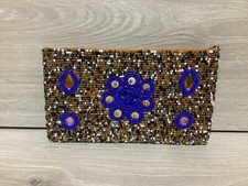 Vintage YOA Beaded Clutch Evening Bag Purse Party Zipper Coin Pouch Blue Jewels