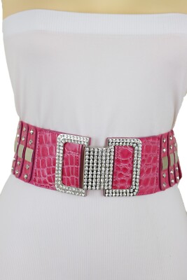 Women Pink Faux Leather Stretch Belt Hip Waist Silver Metal Square Buckle M  L
