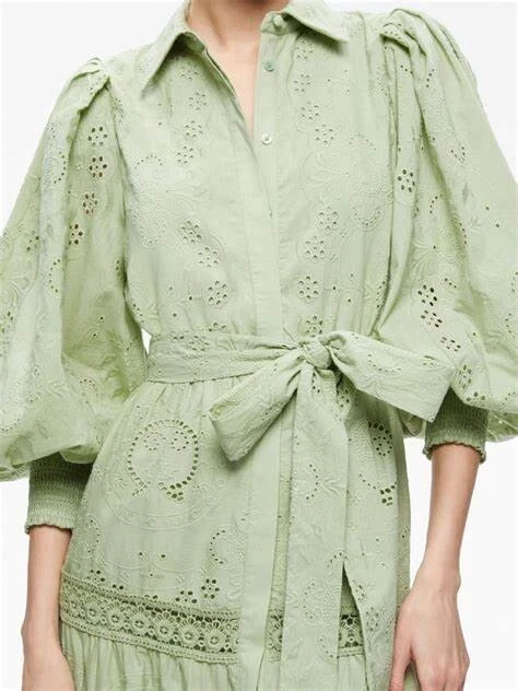 VESTIDO MIDI ALICE AND OLIVIA CUELLO LILLY OJALES ALGODÓN CINTURÓN VERDE TALLA 2 Foto 4 de 4