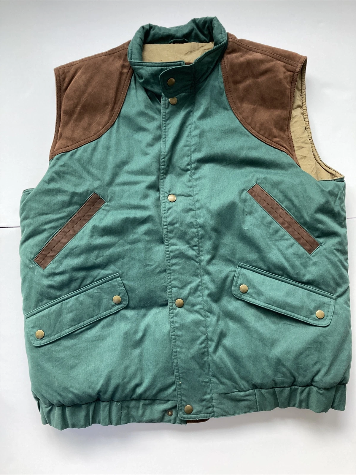 EDDIE BAUER True Vintage Mens Green Suede Down Vest Old Label Large