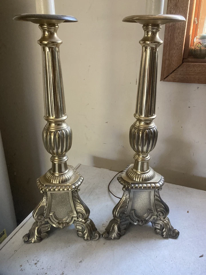 "Par tradicional vintage de lámparas de columna de latón pesado bases ornamentadas 40"" necesita sombra" Foto 2 de 4