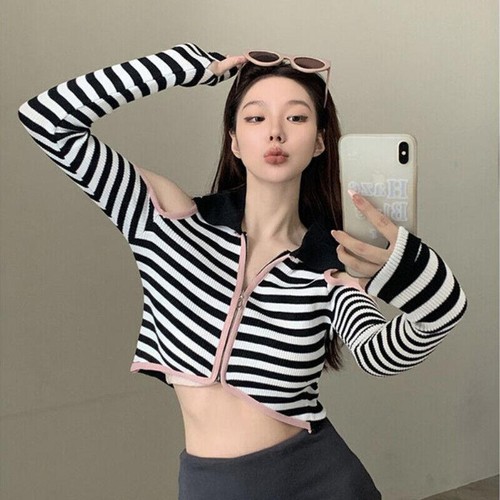 Lady Crop Top Knitted Shirt Off Shoulder Striped Long Sleeve Lapel Collar Blouse - Picture 10 of 16