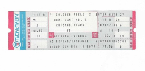 Chicago Bears vs Atlanta Falcons Unused Football Ticket From 11/19/1978