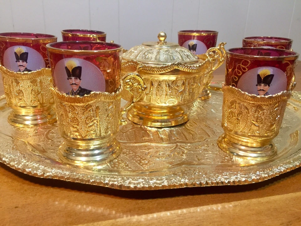 Juego de té turco de latón dorado arándano Glcoloc vidrio Kemal Atatürk bandeja plato de azúcar Foto 3 de 4
