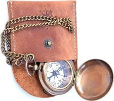 Handmade Nautical Brass Push Open Compass On Chain with Leather Case Pocket Comp