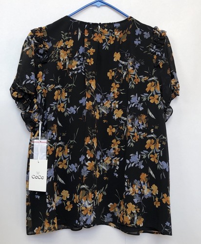 Cece Woman Chiffon Blouse XL Yellow/black Floral Ruffled Short Sleeve Lined - Picture 2 of 6