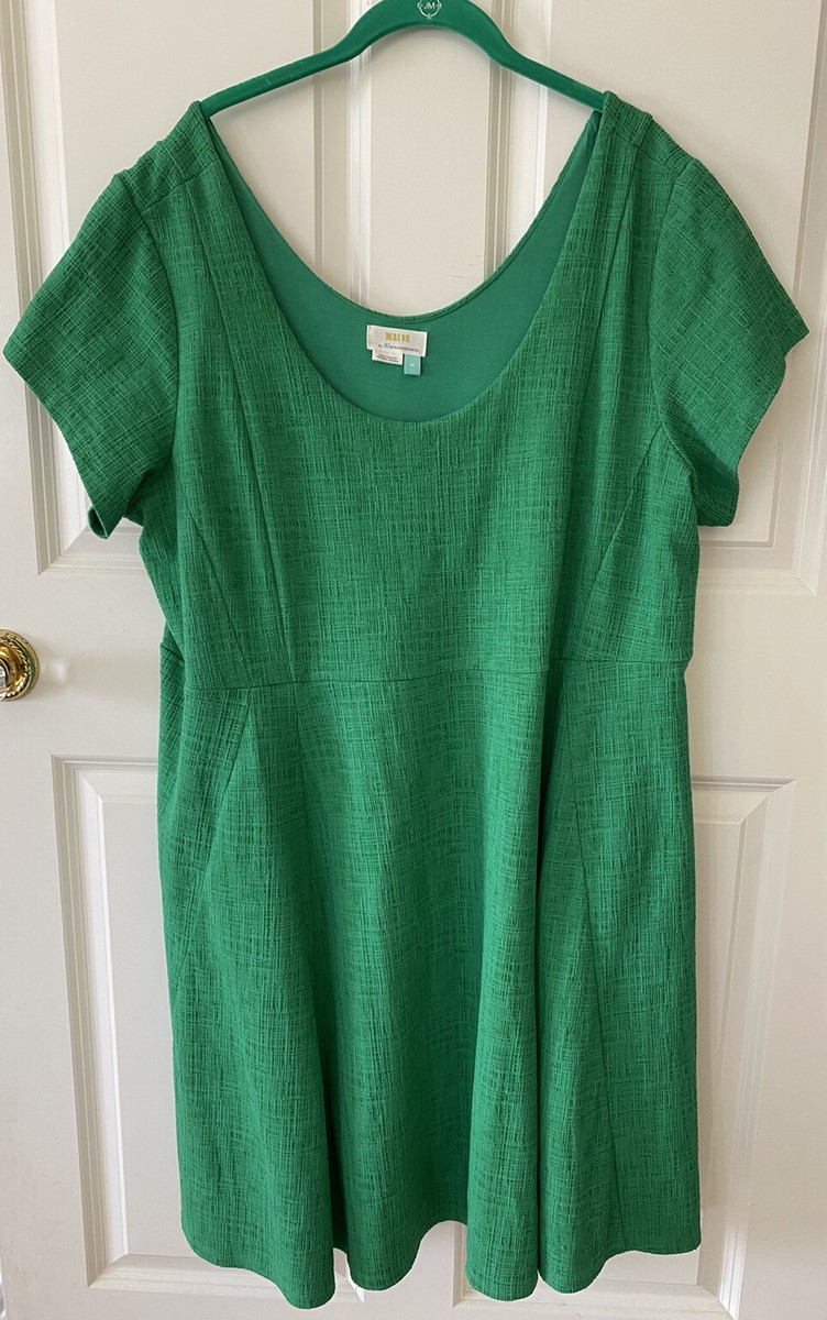 ANTHROPOLOGIE MAEVE Green Nova Knit Fit & Flare Dress Size 2X Scoop Neck S/S