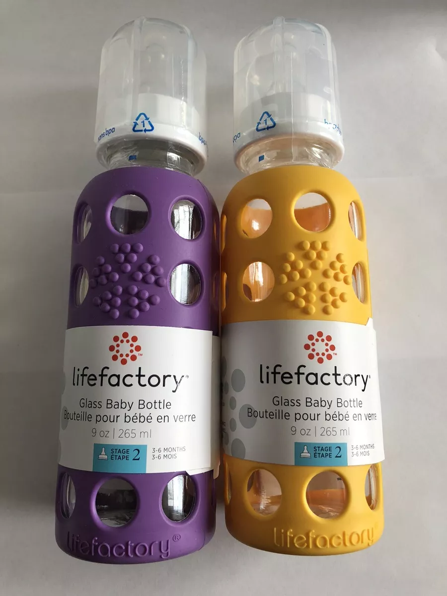 LifeFactory 2 Pack 9oz Glass Silicone Baby Bottles Stage 2 New