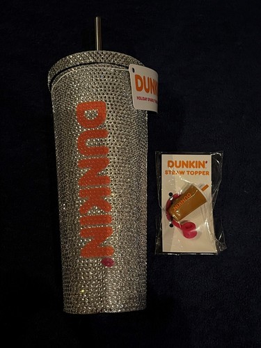LE New Dunkin Sparkly Studded Bling Holiday Tumbler 24oz -with Straw Topper!