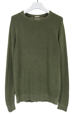 Tommy Hilfiger Pullover Herren Groß Grün Gestrickt Logo Rundhals Pullover