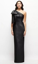 Alfred Sung Black Bow One-Shoulder Satin Column Gown Size 16 $269 D861