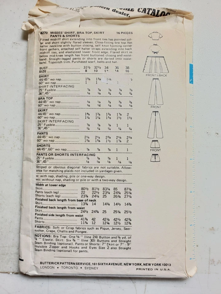 Vtg Butterick Pattern 4270 Shirt Crop Top Skirt Pants Shorts Halter Miss 10 CUT - Image 3 of 4