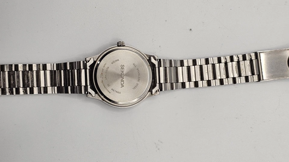 RELOJ SEKONDA HOMBRE ESFERA AZUL PROFUNDO VENTANA FECHA PULSERA ACERO INOXIDABLE NEGRO Foto 3 de 4