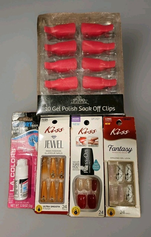 KISS Nails Manicure LOT (3 Sets) +Super Glue + Gel Polish Soak Off Clips 5 PIECE