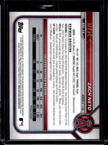 Bowman Draft Zach Neto 2022 refractor de oro cromado 1st Prospect #37/50 Angels - Imagen 2 de 2