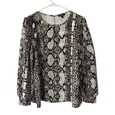 Express Snakeskin Print Long Sleeve Blouse Grey White Keyhole Back Womens XL