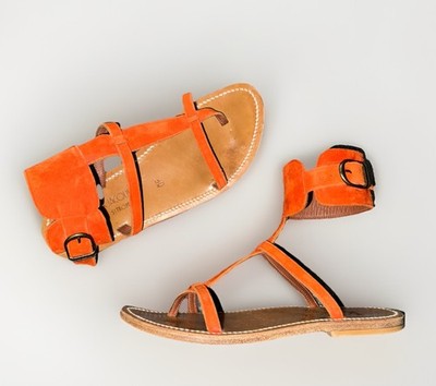 K Jacques St Tropez Caravelle Flat Leather Suede Sandals Ankle Strap Orange