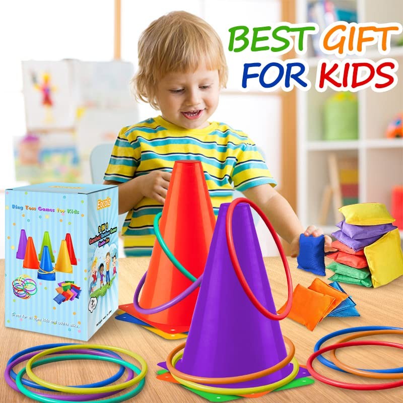 3 in 1 Carnival Games Set, Soft Plastic Cones Bean Bags Ring Toss Games for K...