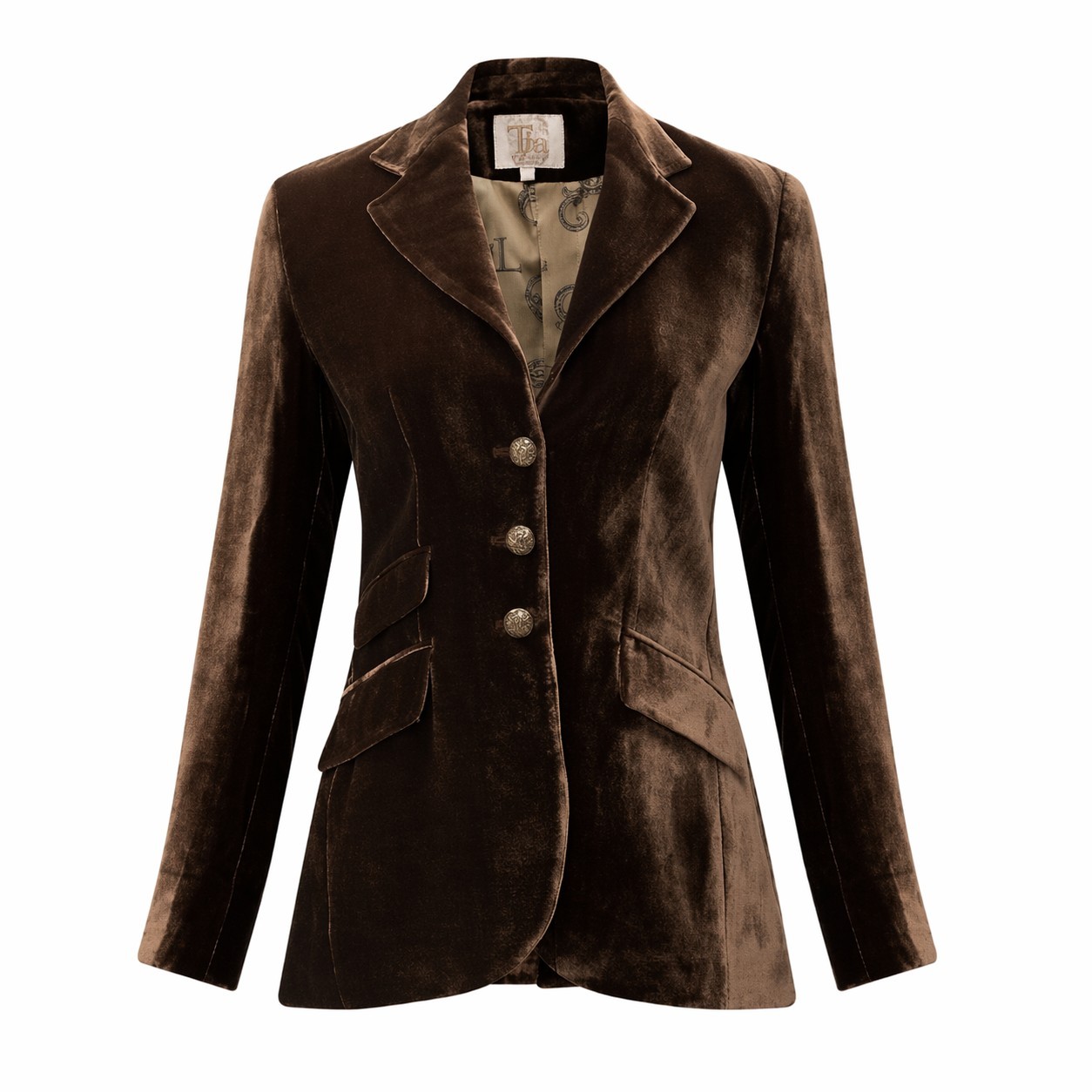 T.ba Hacking Equestrian Jacket Womens 42 Olive Velvet Silk Blend Spain Tailored