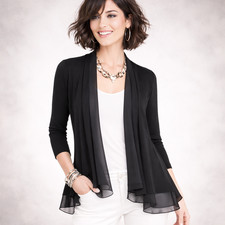 CHICO'S 1 M Black Layered Travel Knit Chiffon Trimmed Swing Jacket