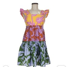 Farm Rio Yellow,orange ,Green Floral Mini Dress With Ruffle Sleeves Tired Skirt