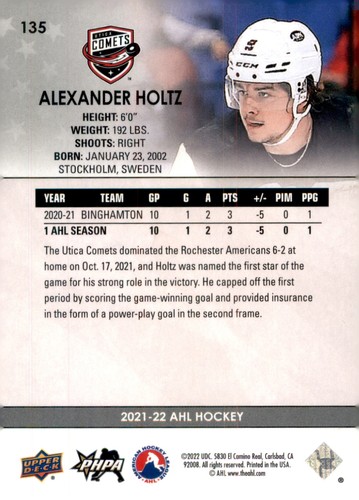 2021-22 Upper Deck AHL #135 Alexander Holtz Star Rookies - Imagen 2 de 2