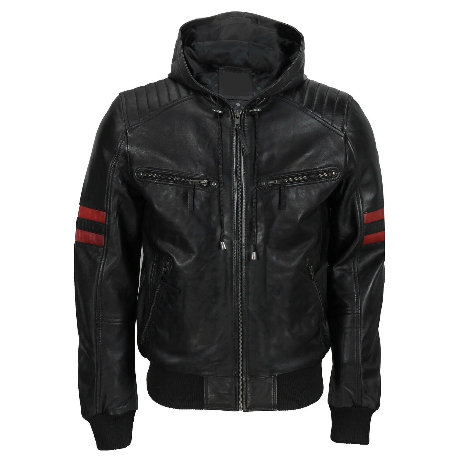 Men's Real Leather Black Hooded Bomber Jacket Vintage Casual Biker Hoodie Coat