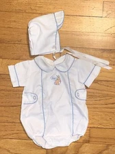 VTG Mothercare Embroidered Bunny Rabbit “BABY” Bubble Romper & Hat Newborn 