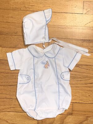 VTG Mothercare Embroidered Bunny Rabbit  BABY  Bubble Romper & Hat Newborn 