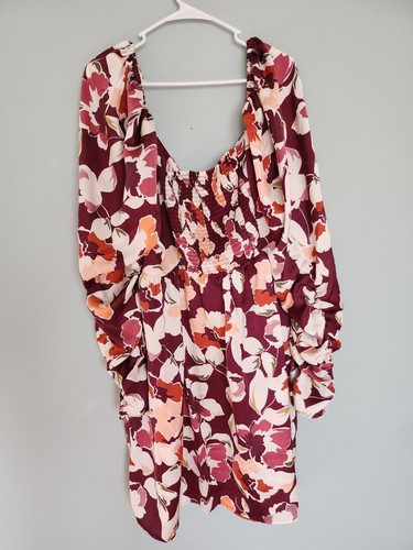 Eloquii Elements Womens Babydoll Dress Size 24 Floral Satin Smocked Puff Sleeve - Picture 2 of 8