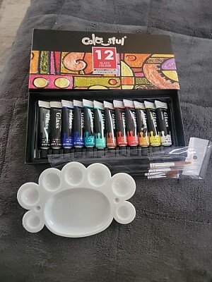 Colorful M~(12)Glass Paint~W/Brushes & Palette