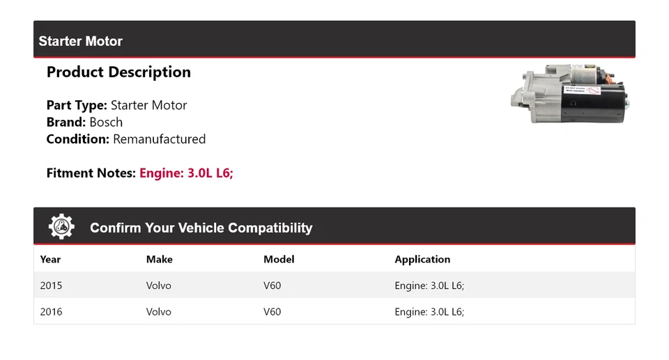 Para 2015-2016 Volvo V60 3.0L L6 Bosch Starter (Remanufaturado) - Imagem 2 de 4