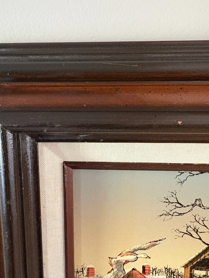 Pintura al óleo sobre lienzo firmada por H Hargrove de colección puente cubierto patos mallardos nieve Foto 4 de 4