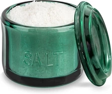 KooK Glass Salt Cellar, with Lid, Embossed Pressed Glass, Clear Emerald Green