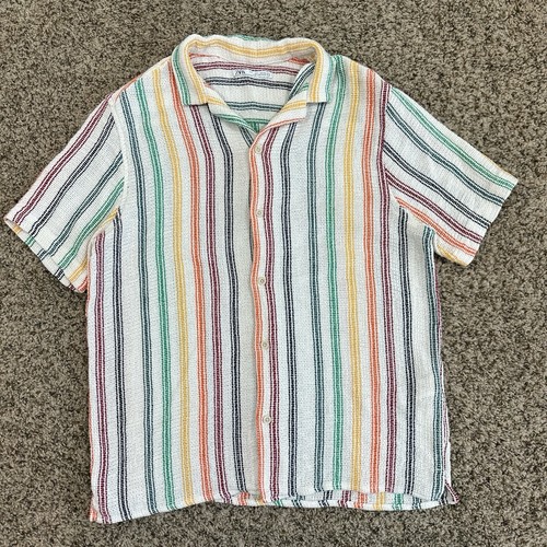Zara Terry Cloth Shirt Rainbow White Striped Knit Button Front Size L - Picture 3 of 8