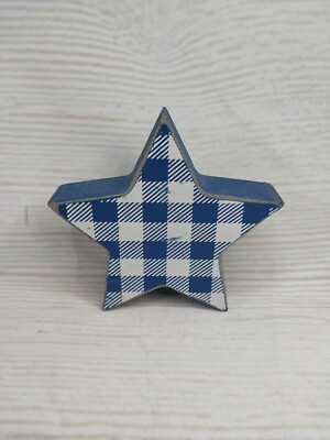 New* Blue Gingham Plaid STAR Wood Block Sign Tier Tray USA July 4 Flag America