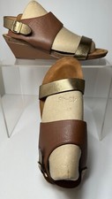 Women's Sofft Leather Vanita Sandals Brown Gold Low Wedge Ankle Strap Shoes 8 M