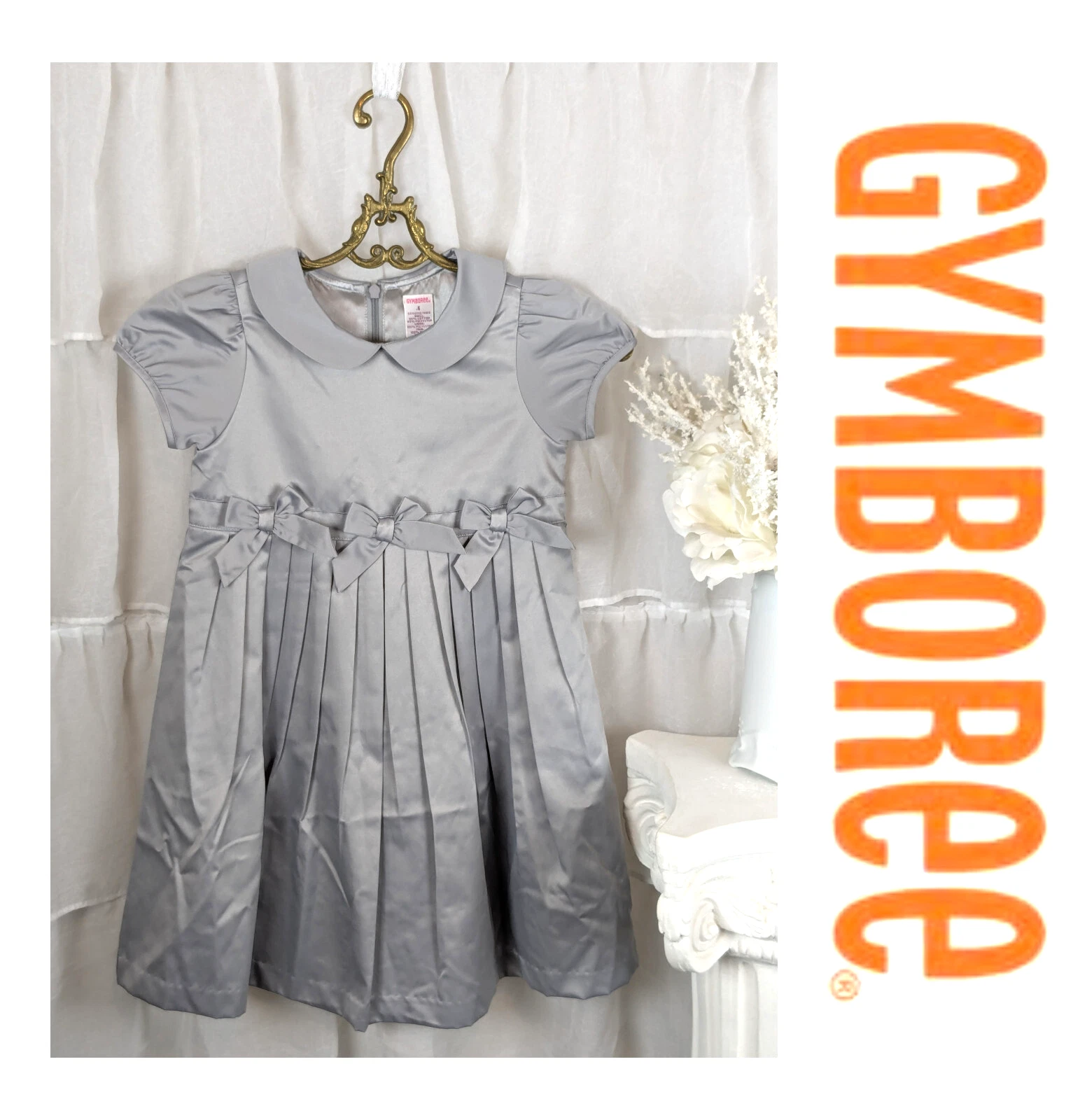 Gymboree Girls Gray Satin Pleated Dress w/Bows Size 6 NWT