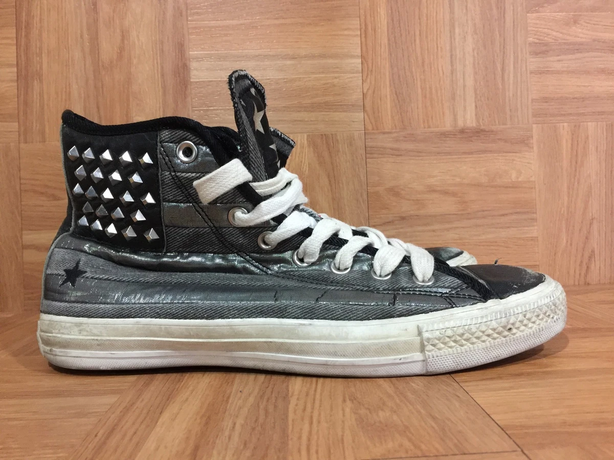 RARO Tachuelas de Tela de Cuero Bandera Negra Alta Especial Converse All Star CT Talla 8.5