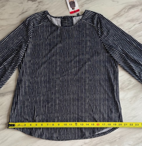 Blusa Top Adrianna Papell Media Manga Rayas M XXL Negra/Azul Botón Espalda NUEVA - Imagen 25 de 44