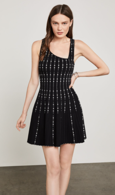bcbg black comb dress $348 NWT BCBGMAXAZRIA SzL DOTTED STRIPED SLEEVELESS FIT & FLARE DRESS BLACK  COMB