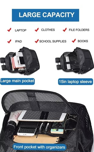 Heavy Duty Mesh Backpack for School 22L Black Mesh School Bag with Laptop Com - Picture 5 of 7