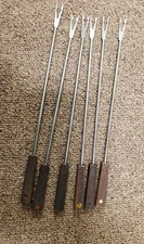 Vintage Set (6) Stainless Fondue Forks Multi Colored/Wood Handles 9" Japan
