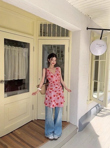 Summer Womens New French V-neck Beach Vacation Floral Sleeveless Slim Vest Dress - Bild 20 von 21