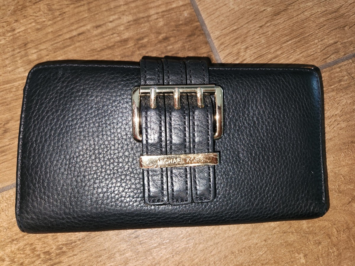 Michael Kors Black Leather Trifold Wallet With Gold Buckle 