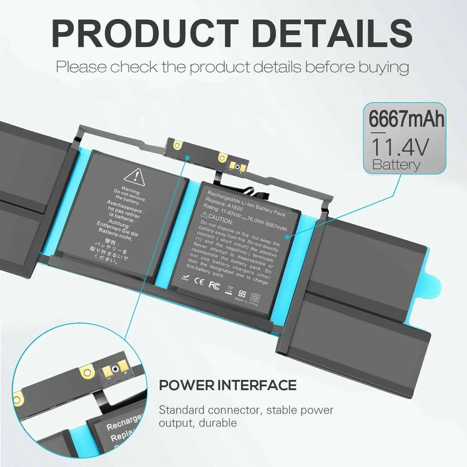 Batería A1820 para MacBook Pro 15"" A1707 finales de 2016 mediados de 2017 EMC 3162 3072 76Wh Foto 2 de 4