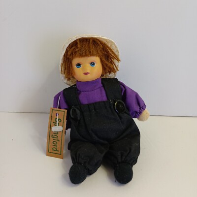 Springford Porcelain Amish Redhead Doll Black Overalls Purple Clothes 3'' W/ Hat