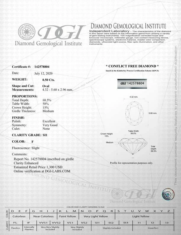 Diamante suelto en forma de ovalado 0,50 quilates certificado F/SI1 real natural mejorado blanco Foto 3 de 4