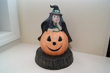Vintage Light Up Ceramic Halloween Decor Witch Carved Pumpkin Handmade with Base
